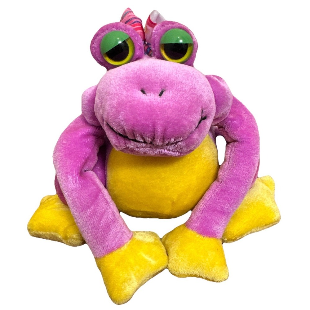 Commonwealth Purple Frog Plush Yellow Pink Bow 1991‎ Vintage 6"